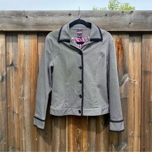 Mac & Jac |  Rayon & Nylon Tailored Blazer with Black Lace Ribbon Trim Accents